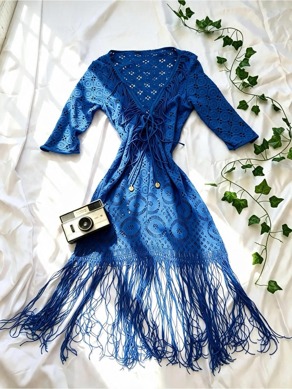 Stunning Blue Boho Crochet Cover Up/ Dress- Festival Beach Blue Fringe Midi